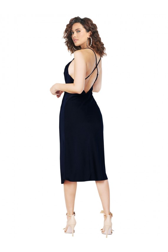 Best Silky Satin Criss Cross Open Back Midi Length Spaghetti Straps A-Line Prom Dress Canada