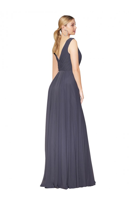 Best Soft Chiffon V-Back Long V-Neck Dusty Blue A-Line Prom Dress Canada