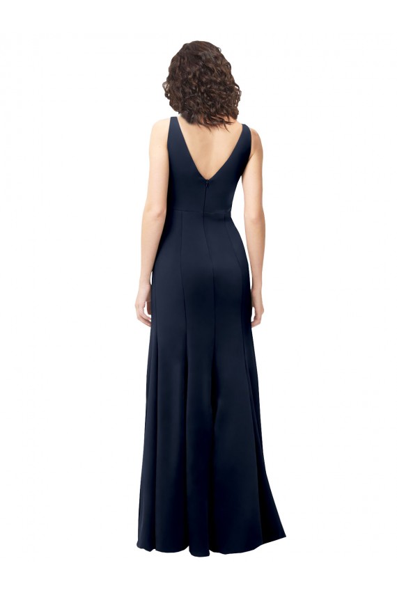 Best Stretch Crepe V-Back Long V-Neck Dark Navy A-Line Prom Dress Canada