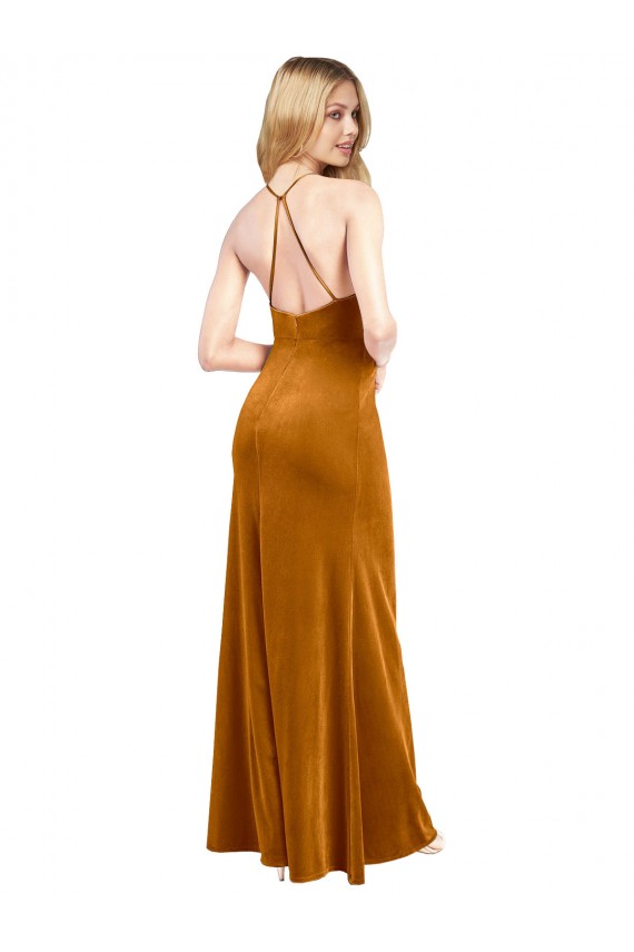 Best Stretch Velvet Criss Cross Open Back Long Halter Neck A-Line Prom Dress Canada
