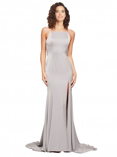Best Stretch Satin Low Back Sweep Train High Neck A-Line Prom Dress Canada