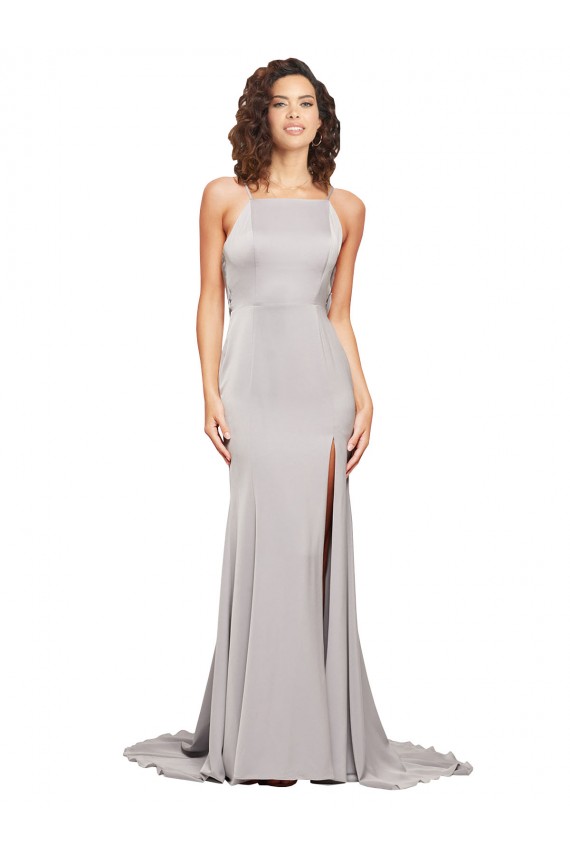 Best Stretch Satin Low Back Sweep Train High Neck A-Line Prom Dress Canada