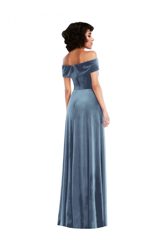Best Stretch Velvet Long Off the Shoulder Dusty Blue A-Line Prom Dress Canada