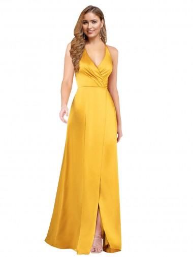 Best Silky Satin Open Back Long V-Neck A-Line Prom Dress Canada