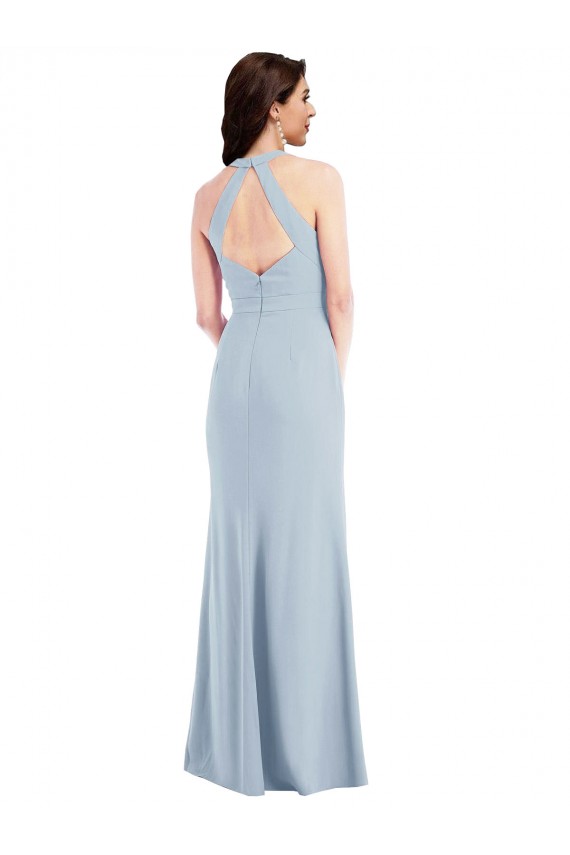 Best Stretch Crepe Open Back Long Halter Neck Light Sky Blue A-Line Prom Dress Canada