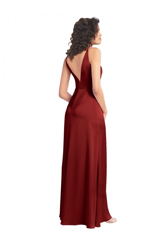Best Stretch Satin V-Back Long V-Neck A-Line Prom Dress Canada