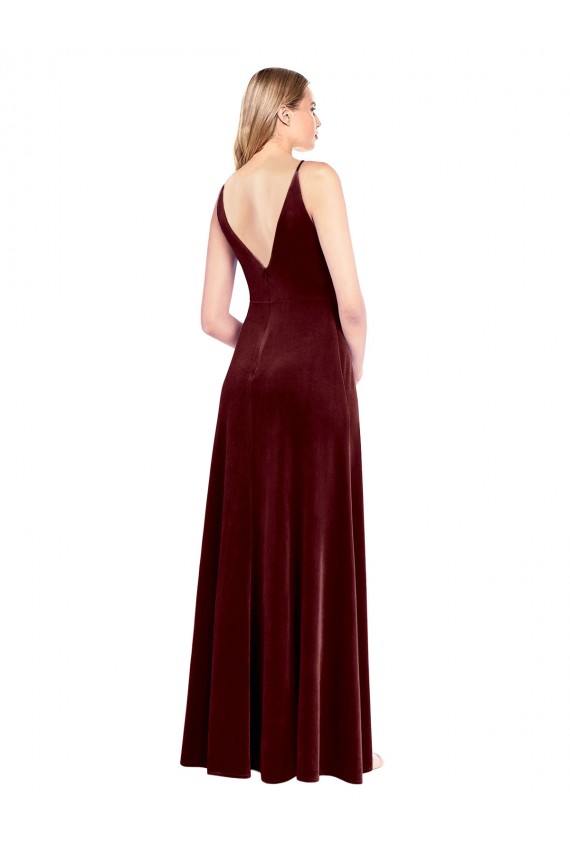 Best Stretch Velvet V-Back Long V-Neck A-Line Black Tie Prom Dress Canada