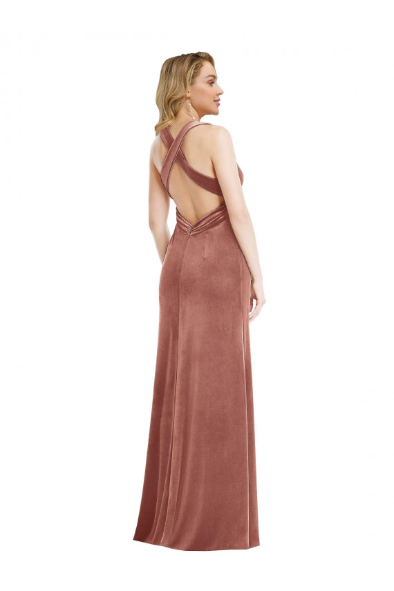 Best Stretch Velvet Criss Cross Open Back Long V-Neck A-Line Prom Dress Canada