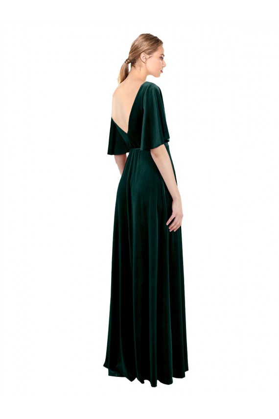 Best Stretch Velvet V-Back Long V-Neck Dark Green A-Line Prom Dress Canada