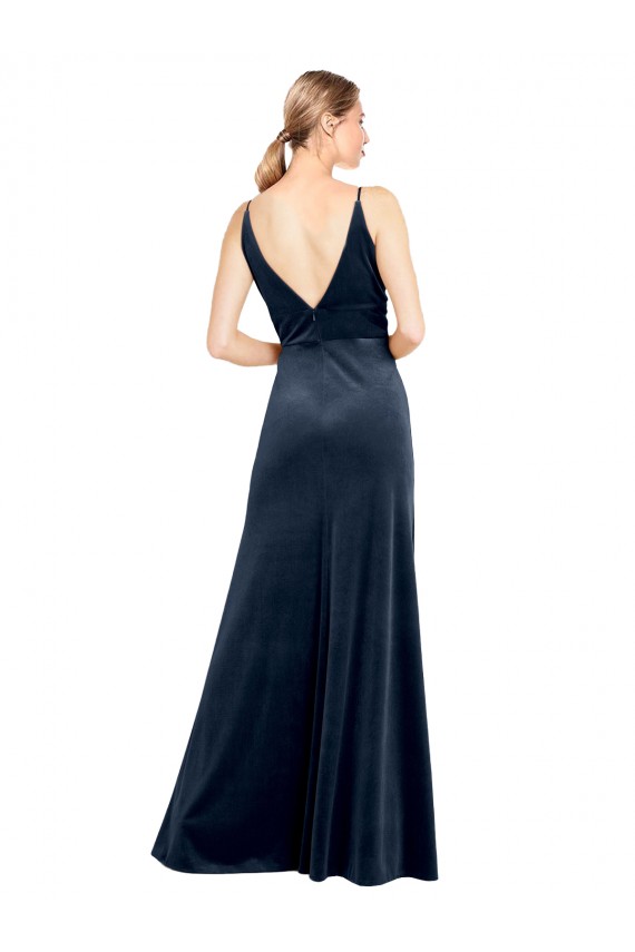Best Stretch Velvet V-Back Long V-Neck Dark Navy A-Line Prom Dress Canada