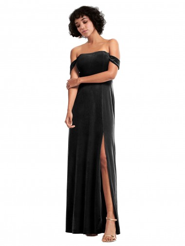 Best Stretch Velvet Long Off the Shoulder Black A-Line Prom Dress Canada