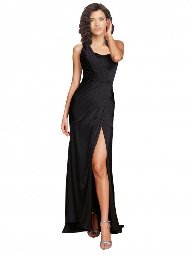 Best Silk like Satin Long One Shoulder A-Line High Slit Prom Dress Canada
