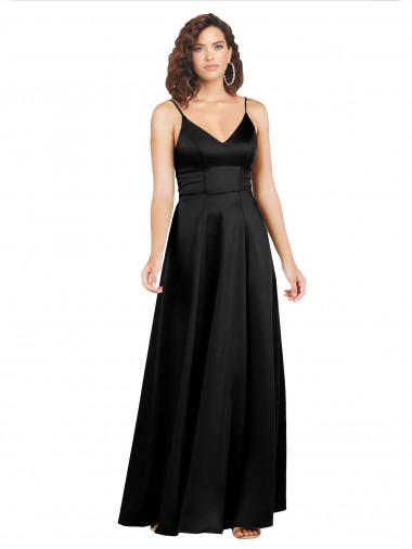 Best Silky Satin V-Back Long V-Neck Black A-Line Prom Dress Canada