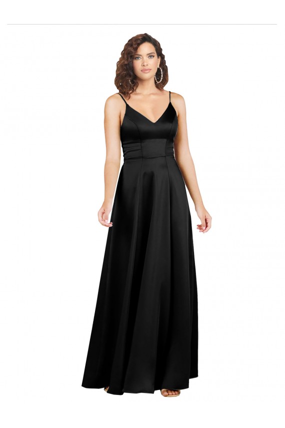 Best Silky Satin V-Back Long V-Neck Black A-Line Prom Dress Canada