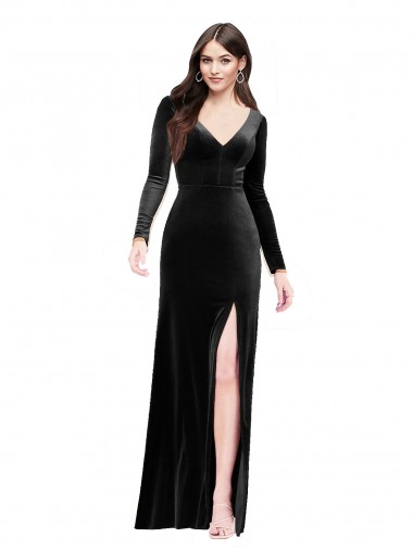 Best Stretch Velvet V-Back Long V-Neck Column Prom Dress Canada