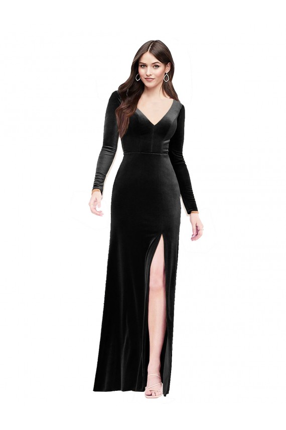 Best Stretch Velvet V-Back Long V-Neck Column Prom Dress Canada