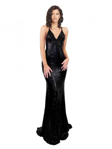 Best Sequin Criss Cross Open Back Long V-Neck Mermaid Black Tie Prom Dress Canada