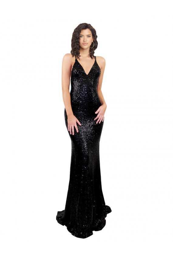 Best Sequin Criss Cross Open Back Long V-Neck Mermaid Black Tie Prom Dress Canada