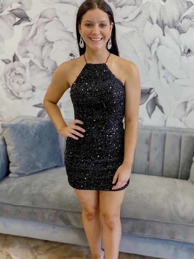 Best Velvet Sequin Short Halter Neck Sheath Prom Dress Canada