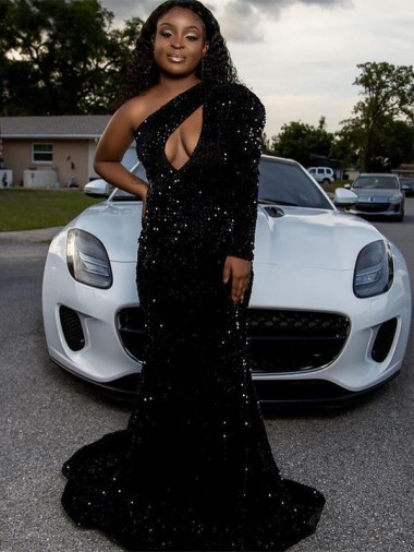 Best Velvet Sequin Long Sleeves One Shoulder Black Sheath Prom Dress Canada