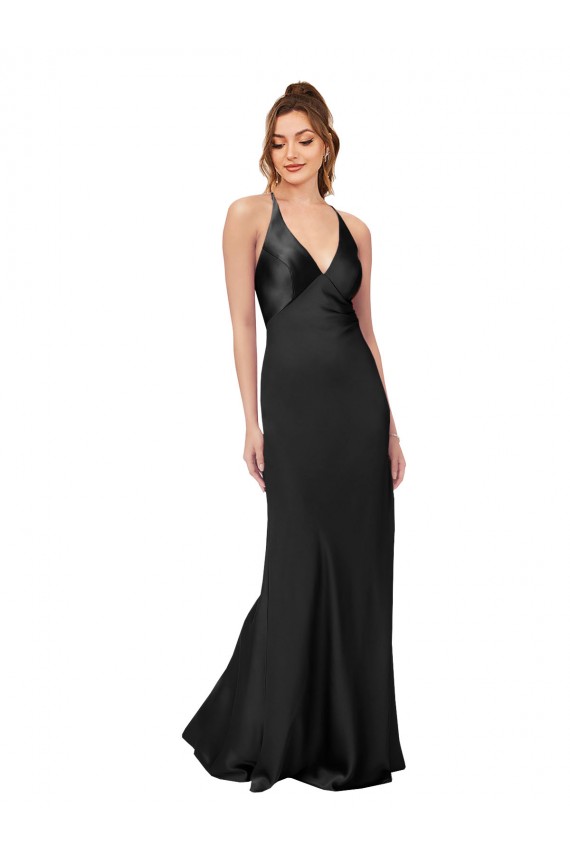 Best Silky Satin Criss Cross Back Long V-Neck Sheath Black Tie Prom Dress Canada