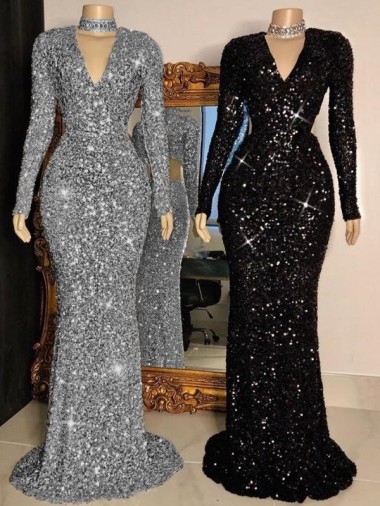 Best Velvet Sequin Sweep Train V-Neck Sheath Evening Prom Dress Canada