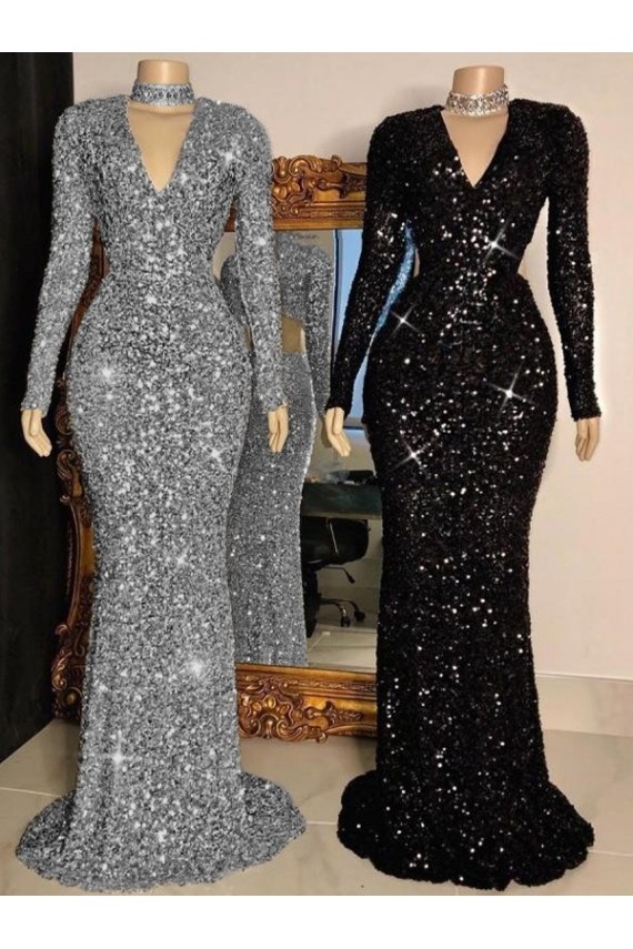 Best Velvet Sequin Sweep Train V-Neck Sheath Evening Prom Dress Canada