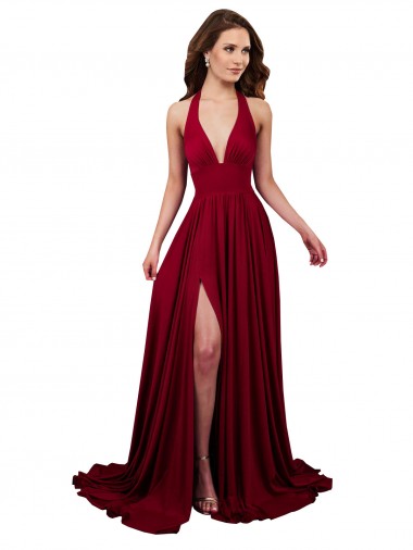 Best Spandex Open Back Long Halter Neck A-Line Black Tie Prom Dress Canada