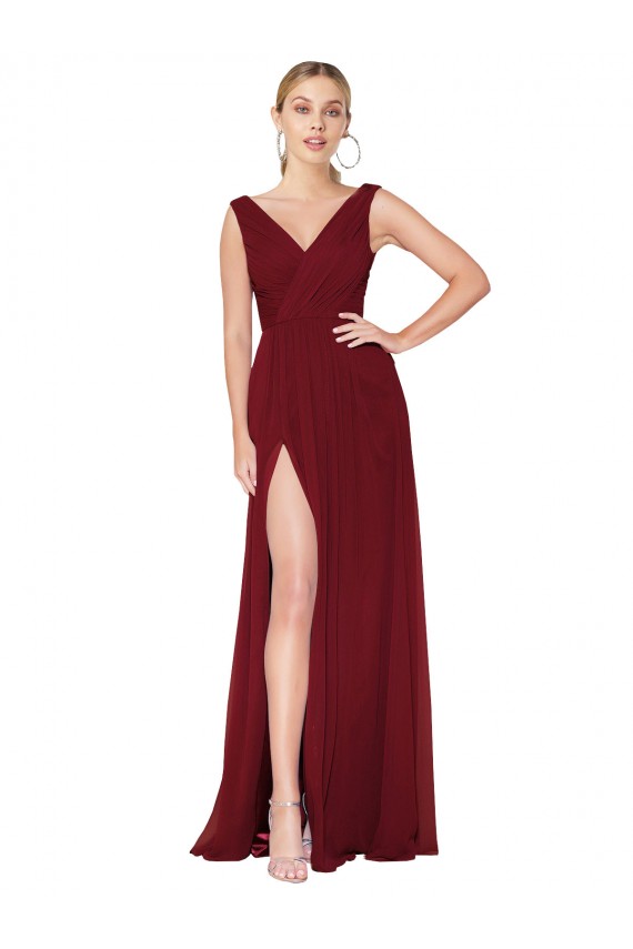 Best Soft Chiffon V-Back Long V-Neck A-Line Black Tie Prom Dress Canada