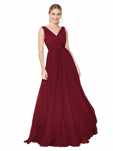 Best Soft Chiffon V-Back Long V-Neck Burgundy A-Line Prom Dress Canada