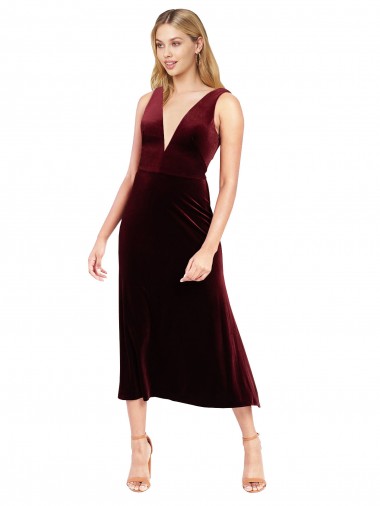 Best Stretch Velvet V-Back Midi Length V-Neck Burgundy A-Line Prom Dress Canada