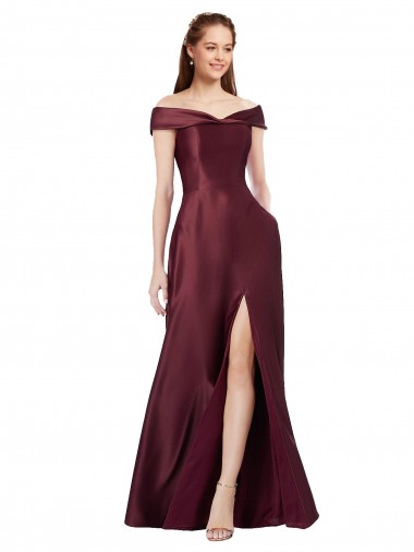 Best Satin Long Off the Shoulder Burgundy Gold A-Line Black Tie Prom Dress Canada