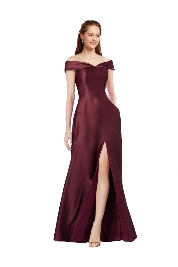 Best Satin Long Off the Shoulder Burgundy Gold A-Line Black Tie Prom Dress Canada