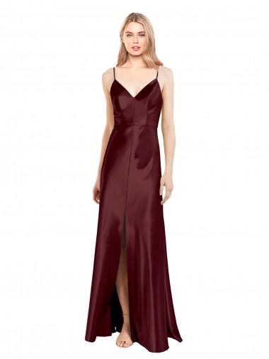Best Stretch Satin Long V-Neck A-Line Center Front Slit Prom Dress Canada
