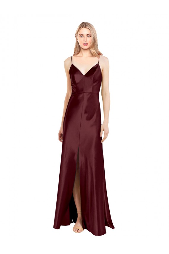 Best Stretch Satin Long V-Neck A-Line Center Front Slit Prom Dress Canada