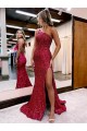 Best Velvet Sequin Sweep Train One Shoulder Mermaid High Slit Prom Dress Canada