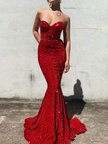 Best Velvet Sequin Court Train Sweetheart Mermaid Prom Dress Canada