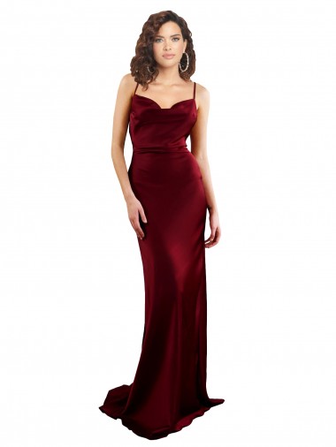 Best Silky Satin Criss Cross Open Back Long Cowl Neck Burgundy Sheath Prom Dress Canada
