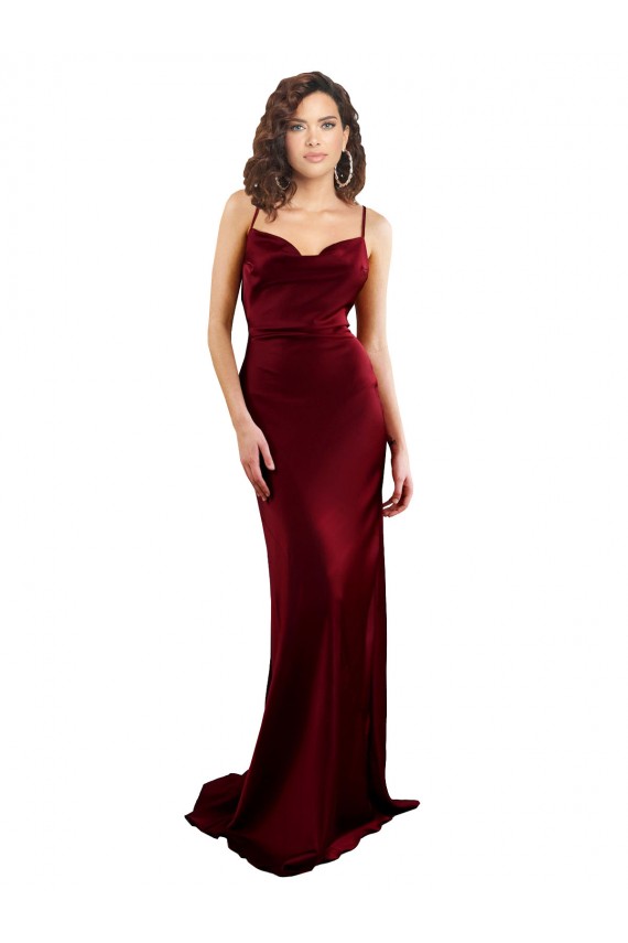 Best Silky Satin Criss Cross Open Back Long Cowl Neck Burgundy Sheath Prom Dress Canada