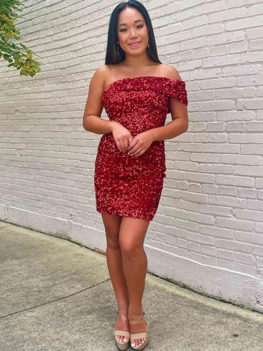 Best Velvet Sequin Short One Shoulder Sheath Evening Prom Dress Canada