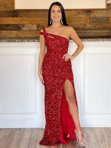 Best Velvet Sequin Sweep Train One Shoulder Sheath Prom Dress Canada