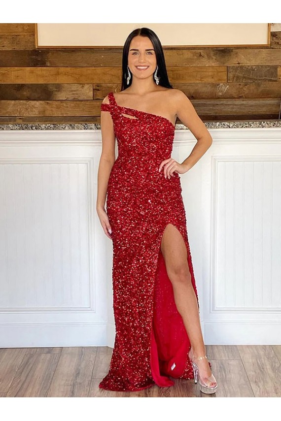 Best Velvet Sequin Sweep Train One Shoulder Sheath Prom Dress Canada