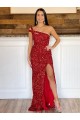 Best Velvet Sequin Sweep Train One Shoulder Sheath Prom Dress Canada