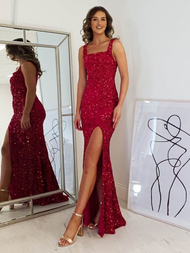 Best Velvet Sequin Long Square Neck Sheath Prom Dress Canada