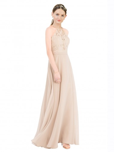 Best Soft Chiffon & Lace Keyhole Back Long Halter Neck A-Line Prom Dress Canada
