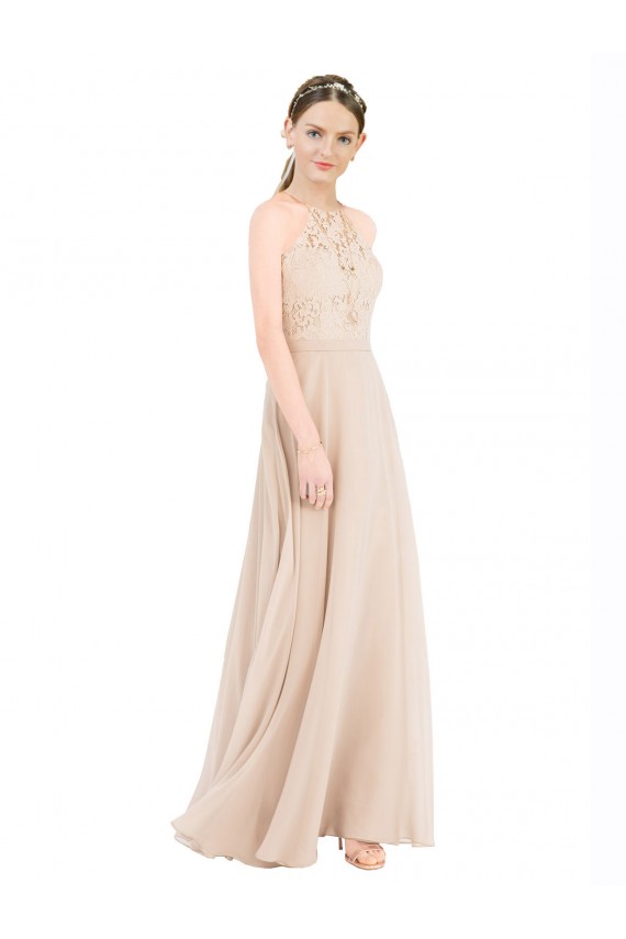 Best Soft Chiffon & Lace Keyhole Back Long Halter Neck A-Line Prom Dress Canada