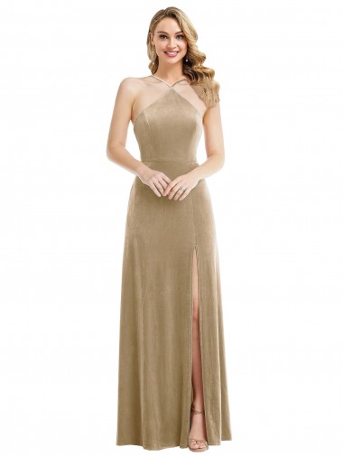 Best Stretch Velvet Open Back Long Halter Neck A-Line Prom Dress Canada