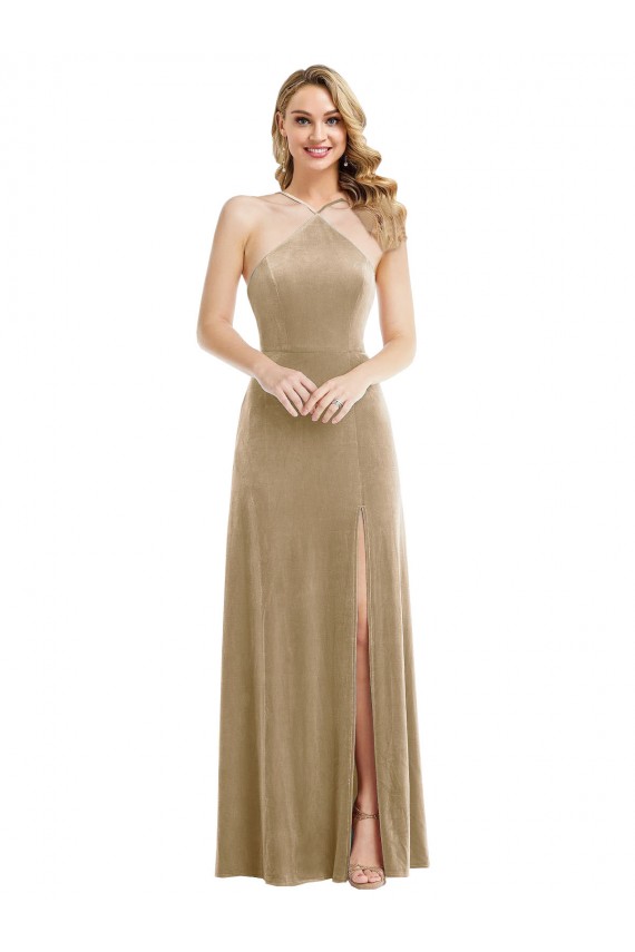 Best Stretch Velvet Open Back Long Halter Neck A-Line Prom Dress Canada