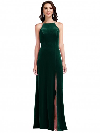 Best Stretch Velvet Long Halter Neck A-Line Prom Dress Canada