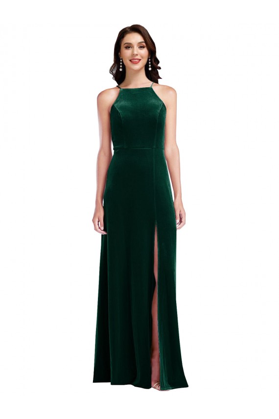 Best Stretch Velvet Long Halter Neck A-Line Prom Dress Canada